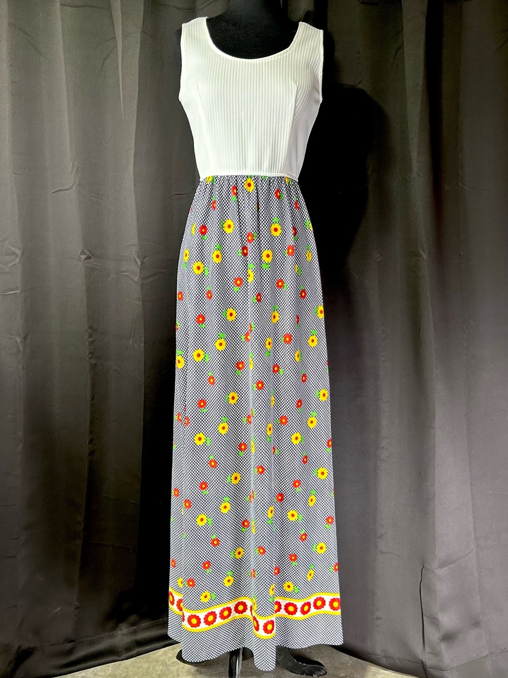 70s Vintage White Top Maxi Dress with Blue, Yellow, & Red Floral Print Small